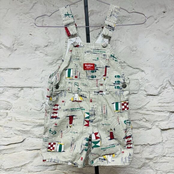 OshKosh B'Gosh Canvas Vestbak Overalls Boats Light House Kids Size 5 Shortalls - Picture 1 of 7
